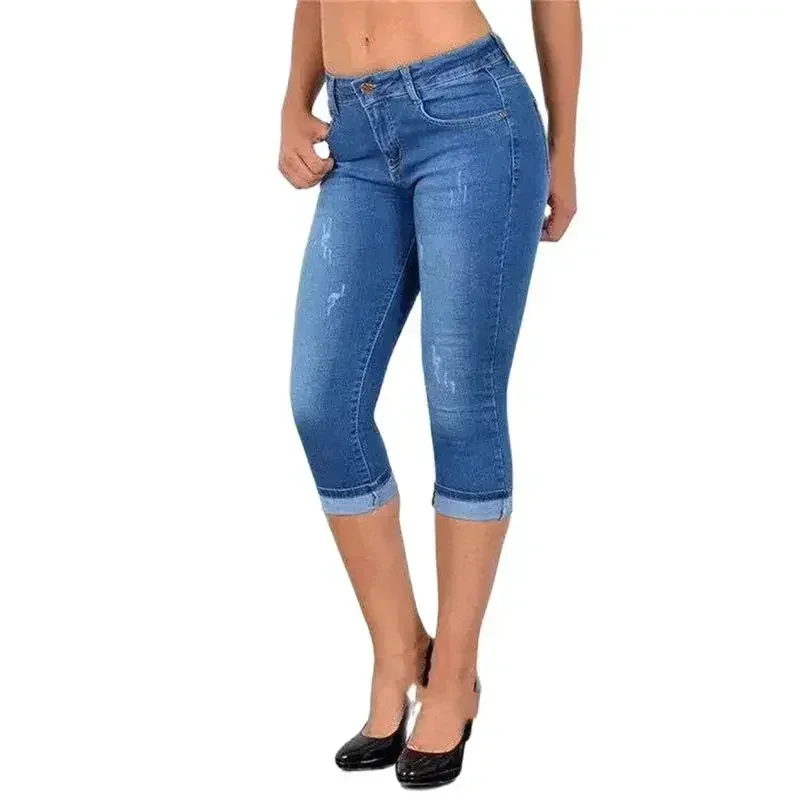 Women Simple Style Slim Pencil Jeans Scratches Decoration Seven-quarter Length Pants Daily Casual Commuter Female Denim Trousers