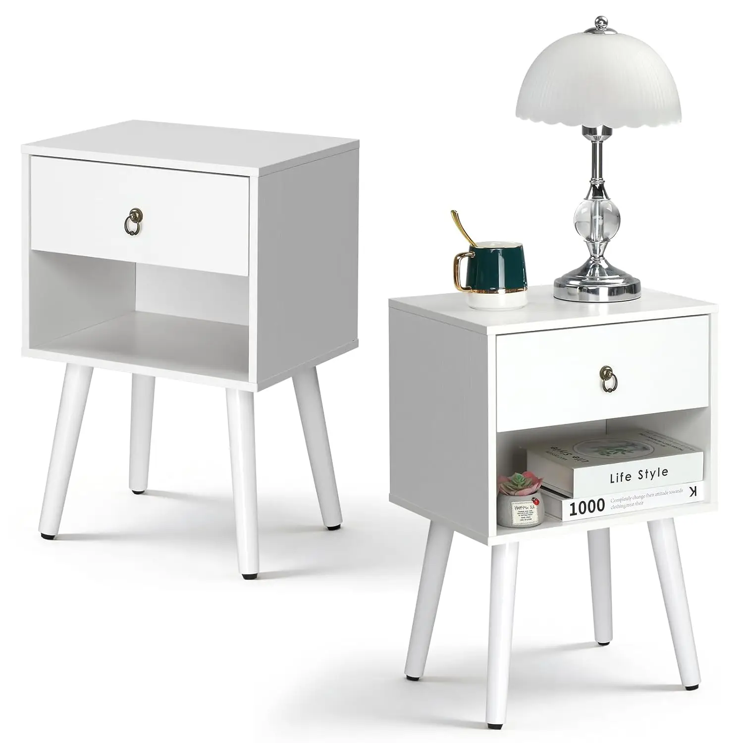 

Nightstand Set Of 2, Modern Bedside Table With Drawer Open Shelf, End Table With Solid Wood Legs For Bedroom, White, Customized