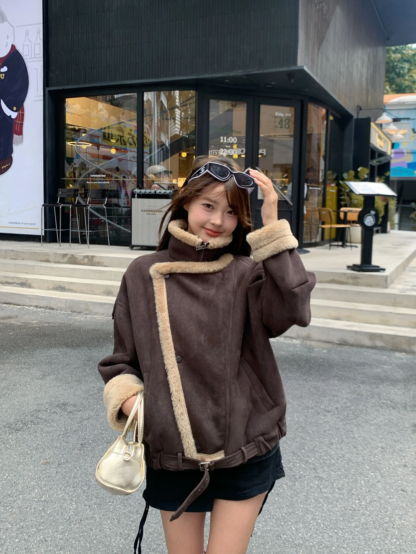 Retro American Fce Lined Suede Jaet Women's Winter New Loose Slimming Cool Motorcycle Jaet Korean Sle ort Coat