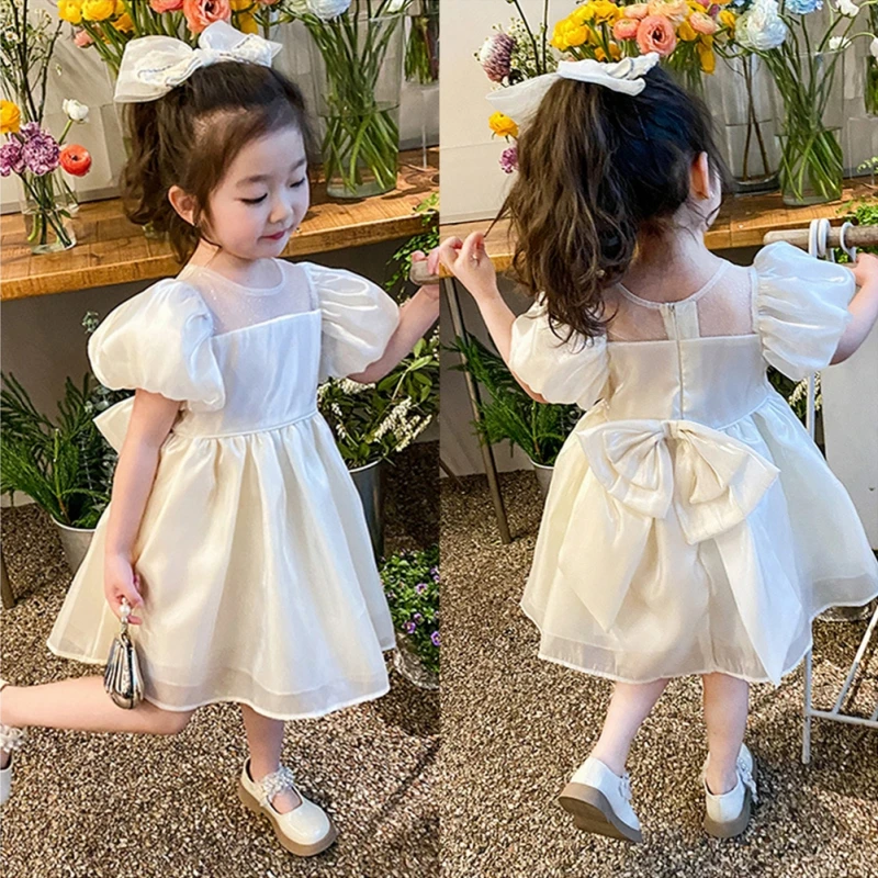 Summer Baby Girls Puff Sleeve Dresses Wedding Party Lace Big Bow Dresses Infant Girl Birthday Princess Dress White For 1-6Y