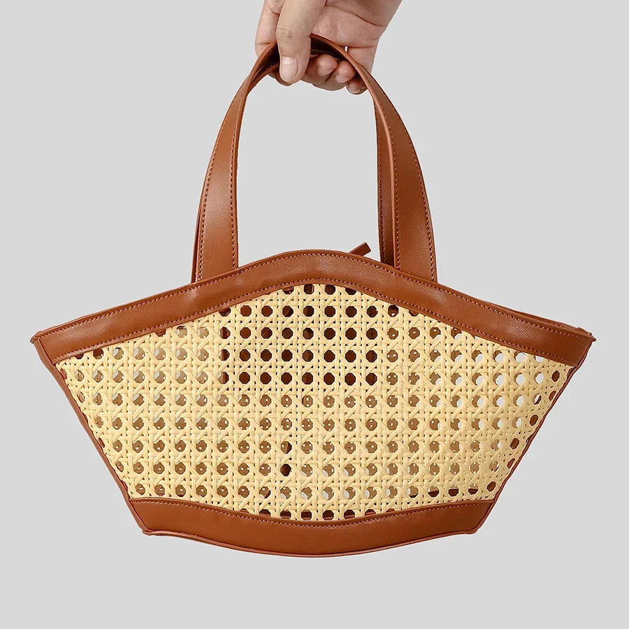 

Luxury Pu Leather Shoulder Crossbody Bags 2025 Hollow Basket Bag Faux Rattan Woven Women Handbags Summer Beach Small Tote Bag