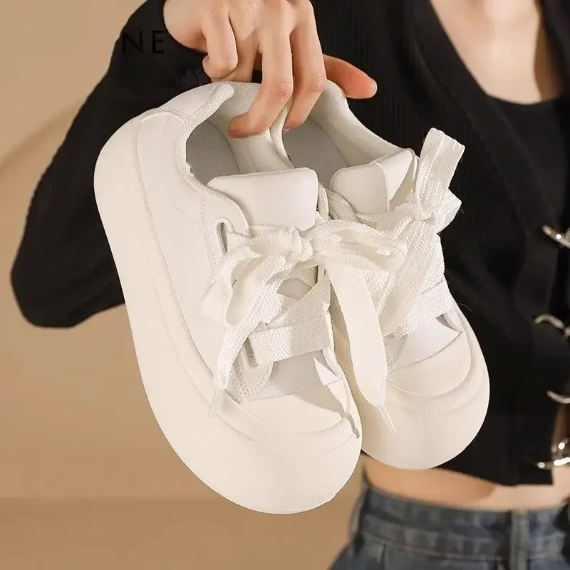 

Height Increasing White Sneake'rs Womens Round Toe Thick Sole Chunky Platform Shoes 2025 Spring Autumn New Ins Trend