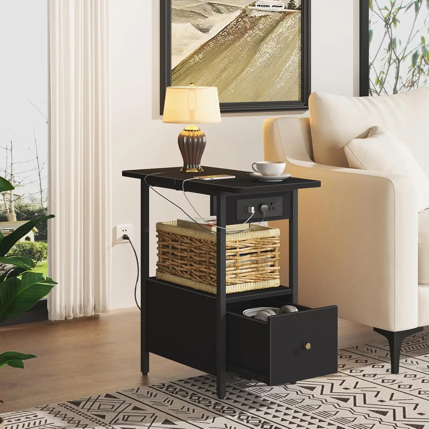 End Table with Charging Station & Drawer, Narrow Slim Side Table for Small Spaces Bedroom Living Room, Customized