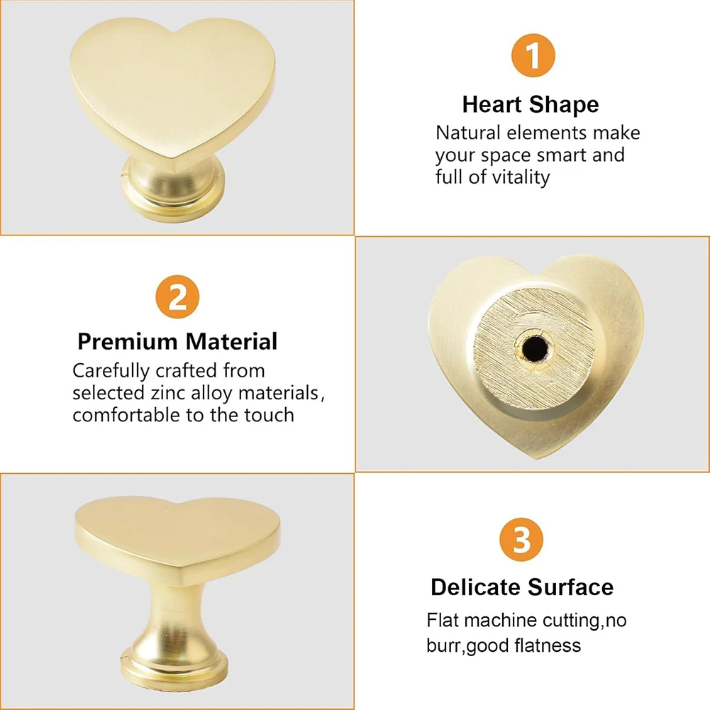 

6Pcs Cabinet Door Knobs Heart Shaped Gold Drawer Knob Zinc Alloy Cabinet Drawer Wardrobe Knobs Handles Furniture Hardware