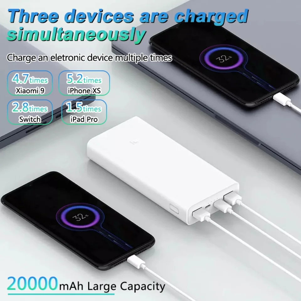 Original Xiaomi Power bank 3 20000mAh PLM18ZM 18W 2-Way Quick Charging USB C Portable Mi Spare external battery 10000 Powerbank