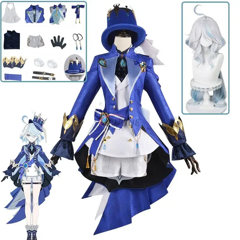 Genshin Impact Focalors Cosplay Traje para Mulheres, Peruca Tsaritsa, Anime Comic Role Play Outfit, Vestido de Carnaval de Halloween, Uniforme