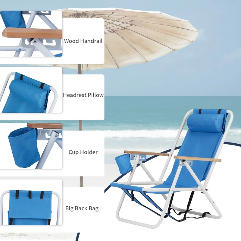 New 2 Pack Folding Beach Chair for Adults,4 Position Portable Backpack Blue