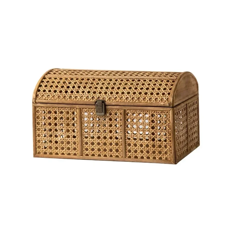 Chinese rattan storage basket clothes organizer cosmetic box vintage treasure chest with lid large capacity snack container