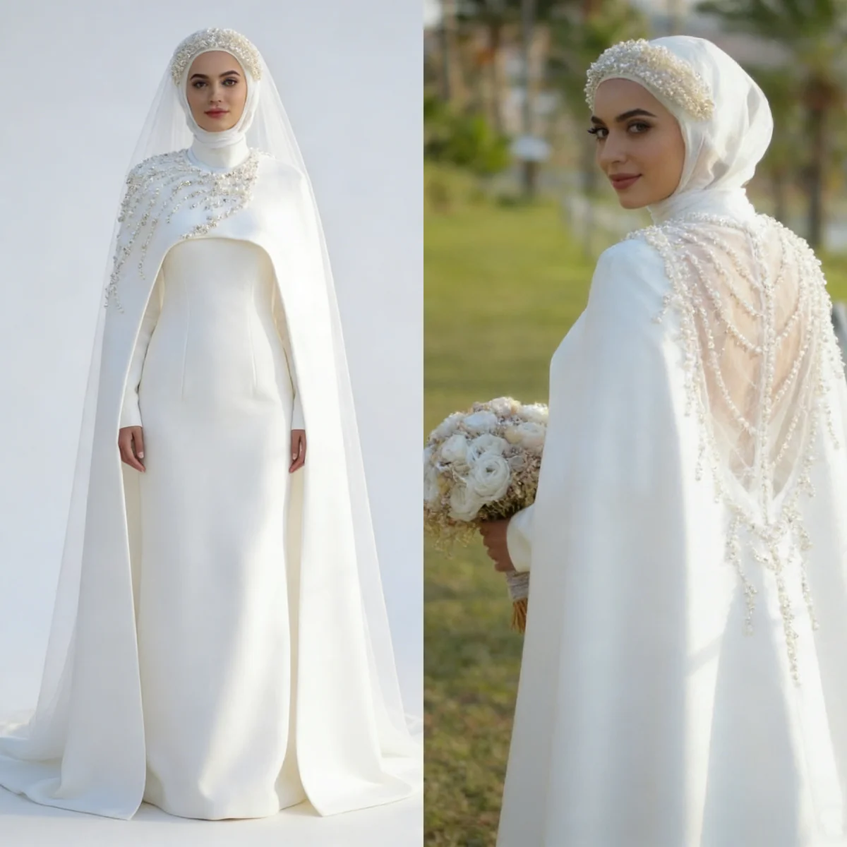 Custom Women's White Muslim Style Wedding Dress With Long Sleeves High Collars Satin Pearl Sequins Decoration Vestido De Novia