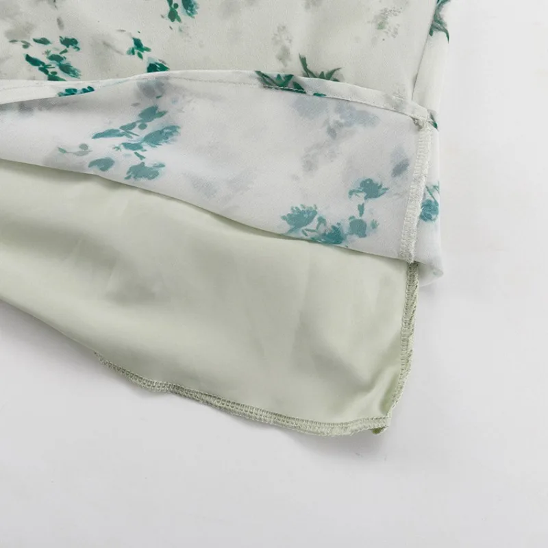 Elegantes Vintage Blumen-Maxikleid Damen Spitze V-Ausschnitt Kurzarm Hohe Taille Fließendes Langes Kleid Strand Urlaub Schickes Freizeitkleid – Detail 11