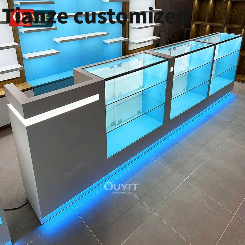 

Customized-Modern Smoke Shop Dispensary Glass Display Cabinet Modern Showcase Glass Cigar Display Counter