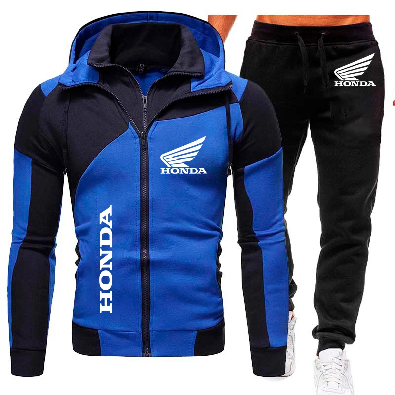 2024 New Honda Tracksuit Men\'s Clothing Honda Wing Logo Print Sportswear Warm Fleece Hoodies+Pants 2 Piece Sets Men Hoodie Suits