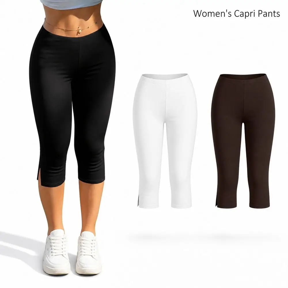 Stretch Knit Slim Fit Pants High Waist Knee Length Cropped Leggings Side Slit Elastic Waistband High Waist Pants Casual Wear
