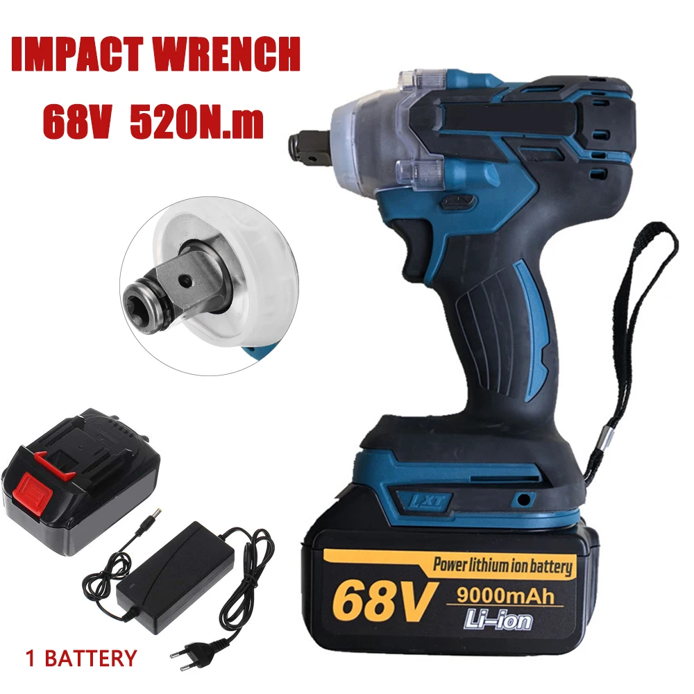 68V 520N.M Brushless Cordless Electric Impact Wrench Screwdriver Power Tools with 9000Amh Lithium Battery LED light 1/2