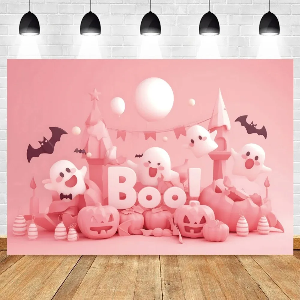 Halloween Photography Backdrop Pink Wall Spider Web Spooky Ghost Booing Pumpkin Girls Baby Birthday Party Decor Photo Background