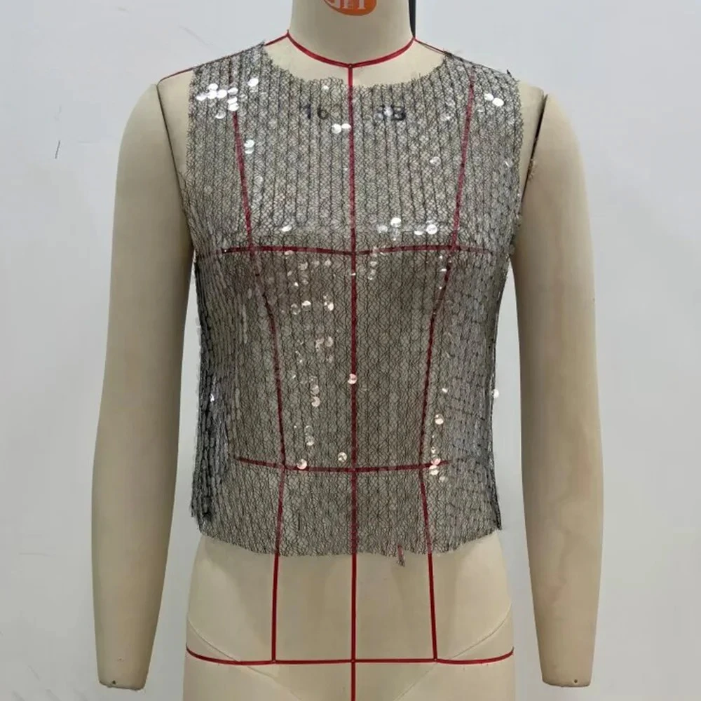 KONDALA Chic Sequied Slivery Cool Semi Transparenz Sexy Club Glänzende Strap Top Mode 2025, Sommer Nacht Party O Neck Frauen Weste