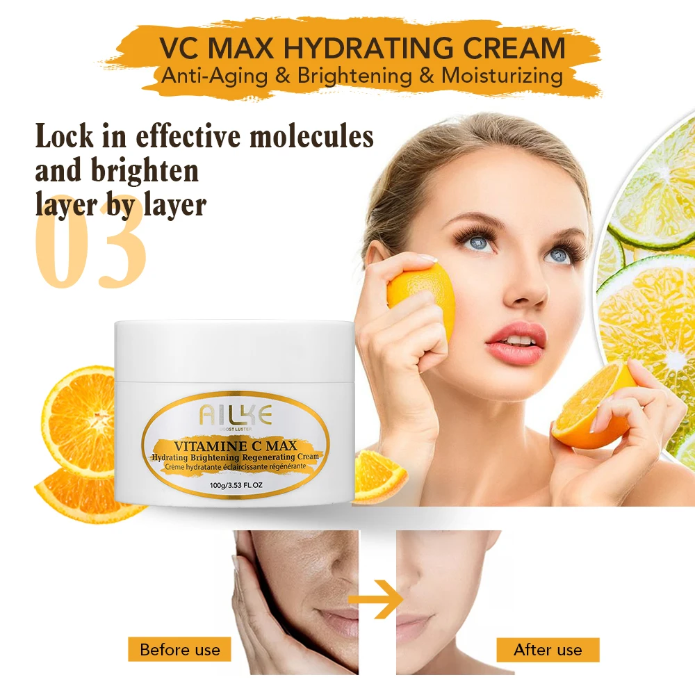 AILKE Vitamin C Brightening Face Cream, Hydration, Moisturizing, Anti-Wrinkles, with Collagen, Lightweight Texture, Non-Greasy