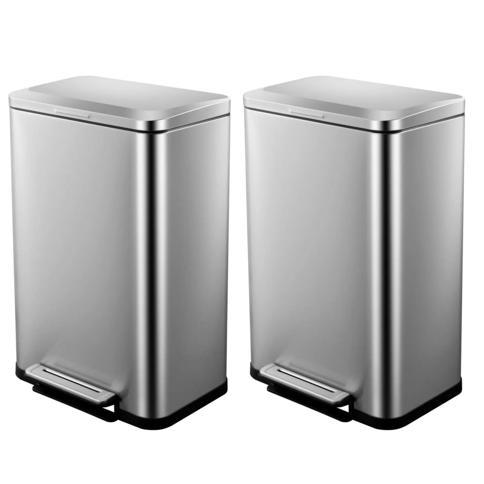 2Pcs 13 Gallon Stainless Steel Step Trash Cans, Hands-Free Pedal Rectangular Garbage Bins with Removable Inner Buckets, Smudge and Fingerprint Resistant, Soft-Close Lids for Kitchen, Office, Bathroom and Home