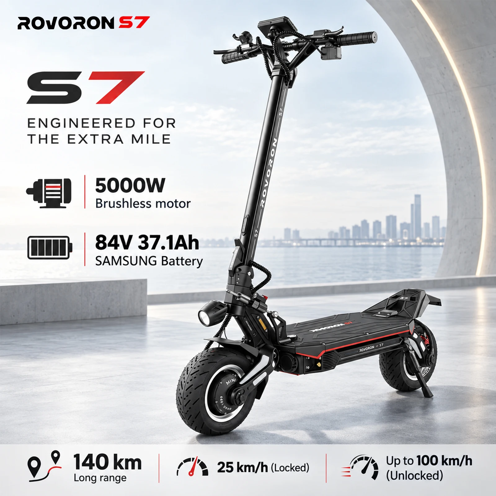 ROVORON S7 Elektroroller 5000W Doppelmotor 84V 37,1Ah 100km/h APP-Entsperrung Einstellbare Federung Faltbarer E-Scooter für Erwachsene Offroad-Fahrrad mit EU CE ES DGT VMP Versicherungszertifizierung