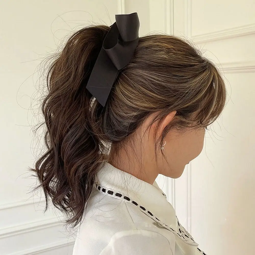 Silmple High Ponytail Fixed Ribbon Vertical Clip Satin Bowknot Banana Clip Bow Headwear Korean Style Hair Clip Girls Hairpin