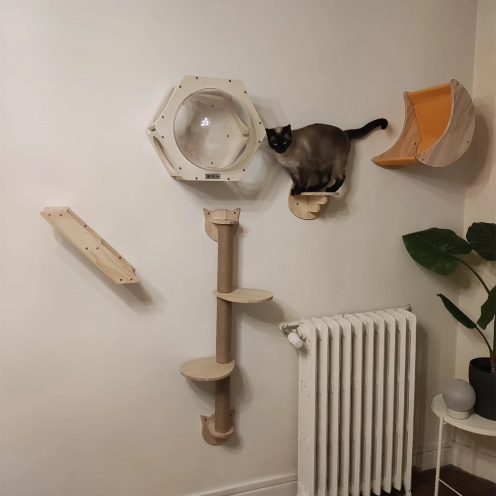 

Wall Mounted Cat Moon Shaped Hammock with Jumping Platform or Wooden Ladder DIY Cat Wall Furniture for Kitten Sleeping Playing