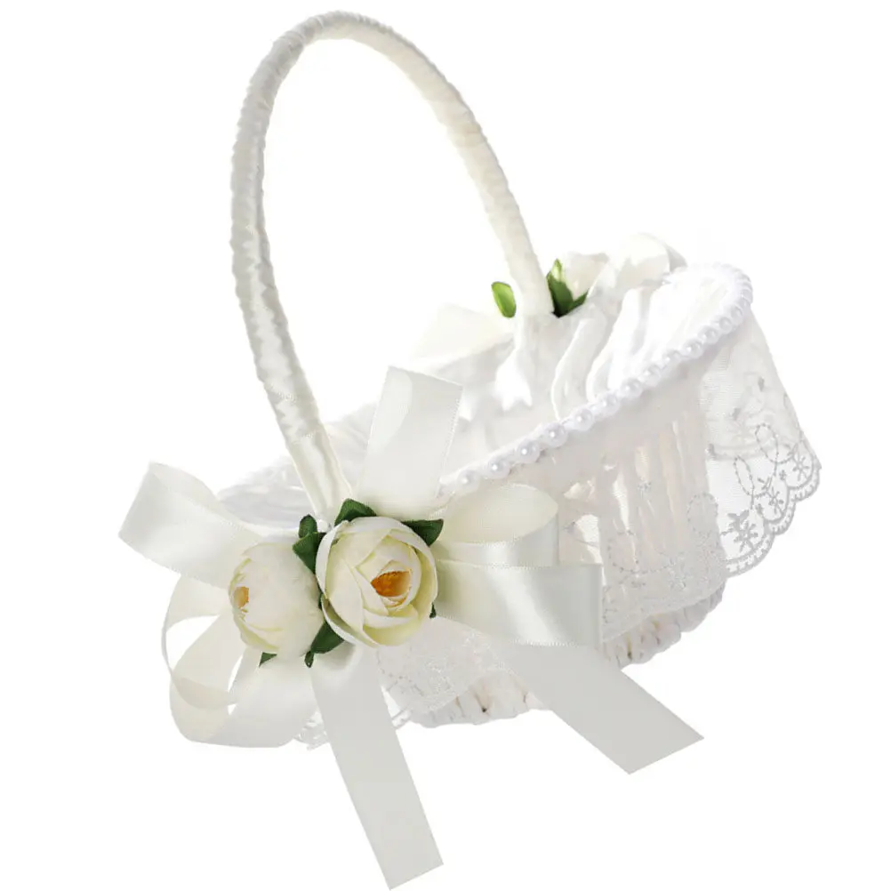 

Романтическая корзина из лепестков роз, плетеная в деревенском стиле, для свадебной церемонии, украшение для вечеринки, подарочная корзина с лентой