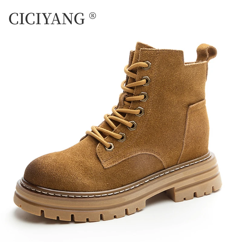 

CICIYANG Women's Ankle Boots Suede Genuine Leather 2025 Autumn New Marton Boots Women Platform Lace-up Booties Ladies Handmade