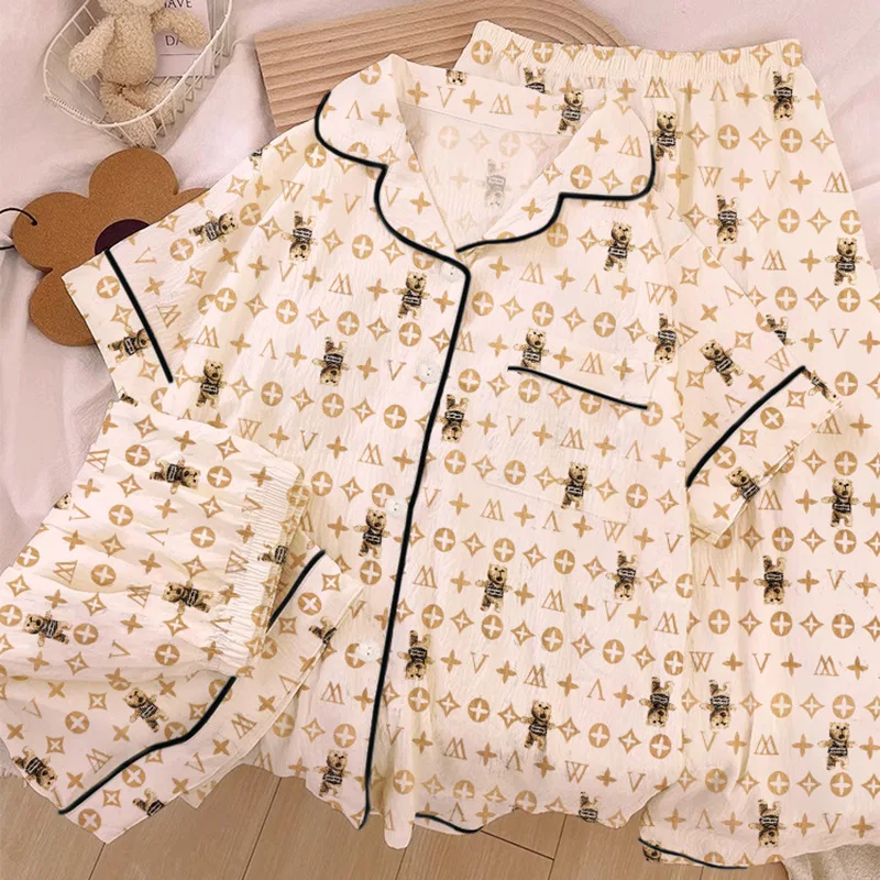 

Women's Spring and Summer Short-Sleeved Three-Piece Pajamas Senior Cartoon Clouds Cotton Pajamas Girls Students Casual Homewear