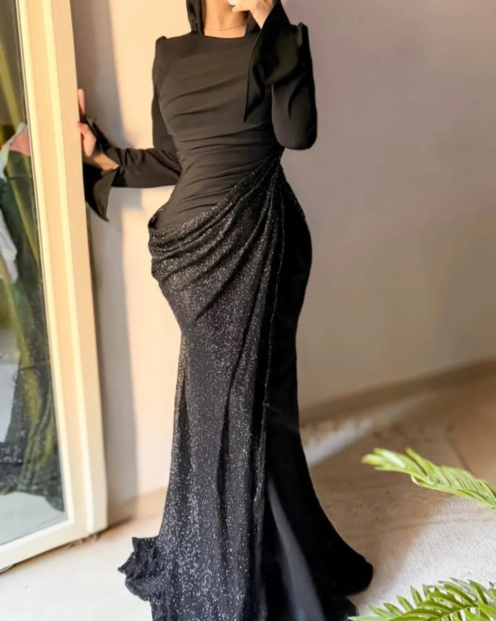 

Customized High Quality Simple Jersey Sequined Ruched Column Party Dress Saudi Arabia High Collar Floor-length Evening Dresses