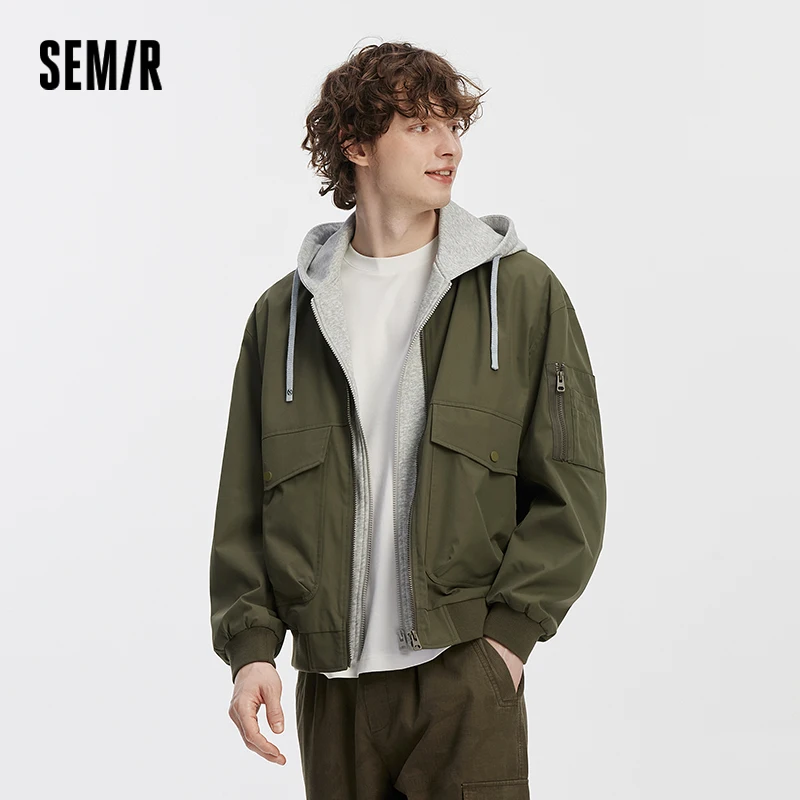 Semir Men Jacket Hooded Faux Layer Colorblock Street Casual Style Loose 2026 Autumn Outerwear Layered Trendy Daily Wear