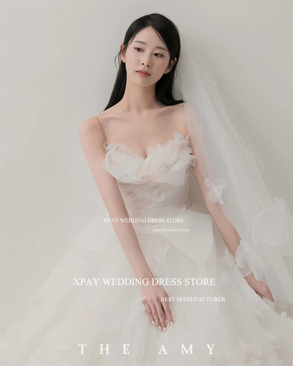 XPAY Sweetheart Korea Wedding Dresses Pleat Strapless Sleeveless 3D Lace Wedding Photo Shoot Backless Custom Vestidos de novia