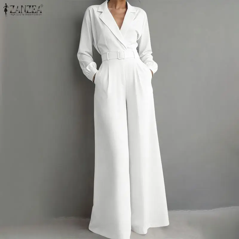 ZANZEA Monos minimalistas para mujer, monos de verano con cuello de solapa, manga larga, pantalones anchos con cinturón, monos elegantes para trabajo de oficina