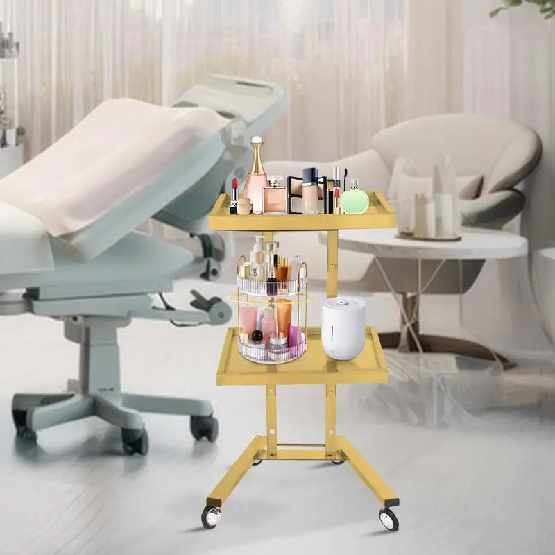 Rolling Salon Tray On Wheels Folding Beauty Trolley With Tray Foldable Design 2 Tier Metal Rolling Cart For Kitchen Bathroom