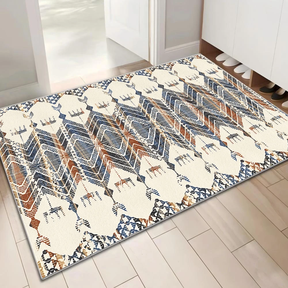 Vintage ethnic style entrance mat, bedroom bedside floor mat, non-slip, oil-resistant, machine washable carpet entrance mat for