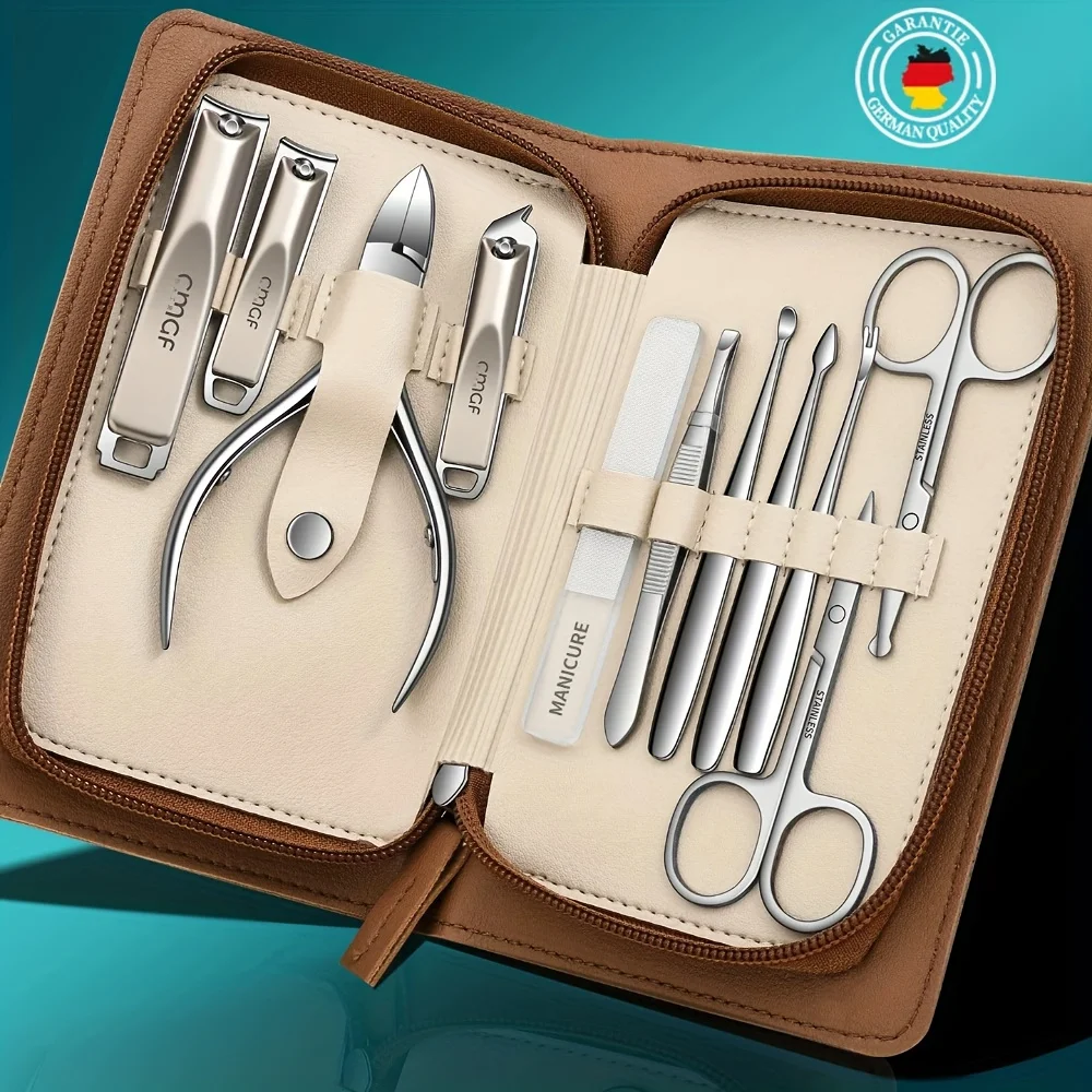 9/11Pcs Premium Stainless Steel Nail Clipper Set Daily Nail Care Exquisite Manicure Kit With Brown Leather Pouch Ideal Gift