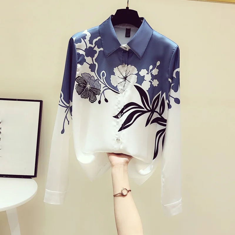 Vintage Printed Chiffon Shirts for Women, Turn-Down Collar, Long-Sleeved Tops, Elegant Office Lady Outwear, Summer, New, 2021