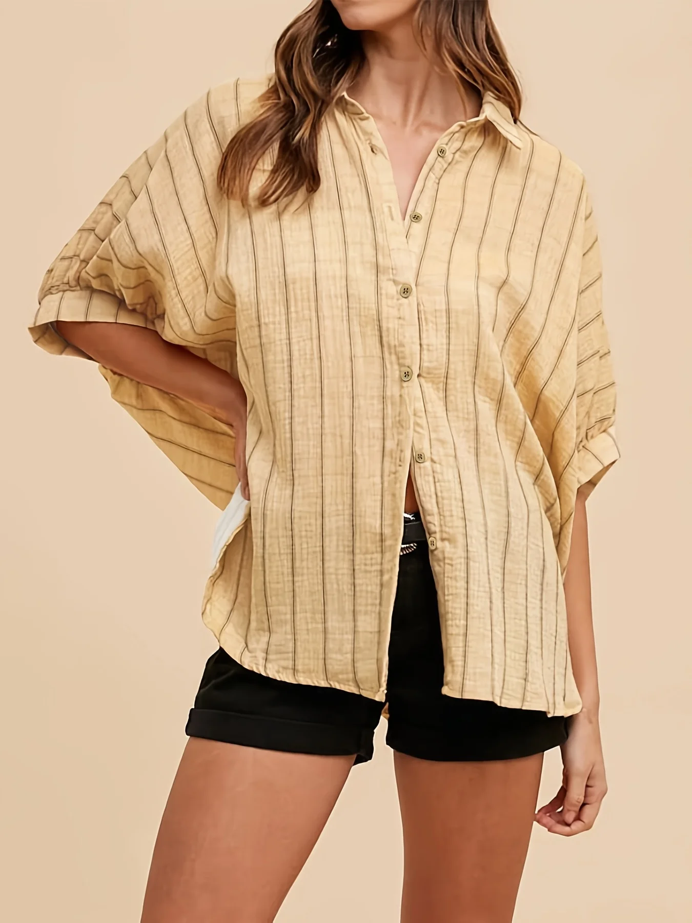 

Женская повседневная полосатая рубашка на пуговицах свободного кроя с рукавами «летучая мышь», легкая летняя туника для повседневной носки и отпуска