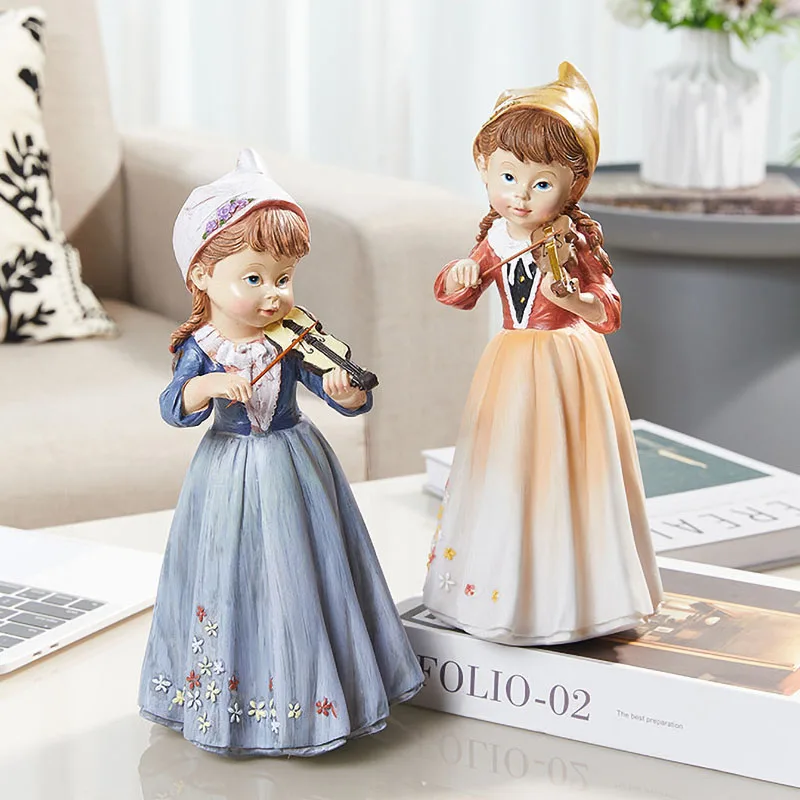 New Cute Pastoral Style Violin Girl Sculptures And Figurines Resin Handicrafts Desktop Ornament TV Stand Study Home Decoration