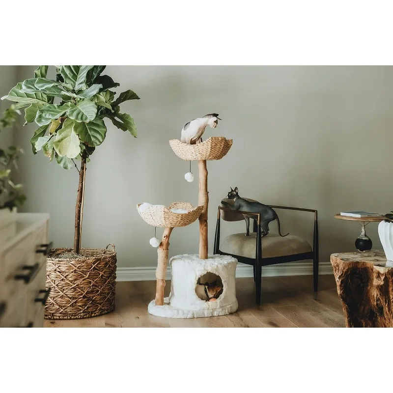 Modern Cat Tree Tower for Large Cats, Real Branch Luxury Condo, Wood Cat Scratching Tree, Cat Lover Gifts Easy To Assemble