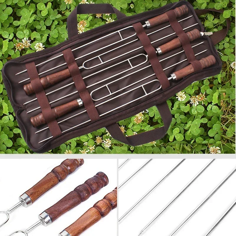 

5 Pcs Stainless Steel Skewer Flat Meat Barbecue Skewer Camping Catering Barbecue Tool Set Outdoor Travel