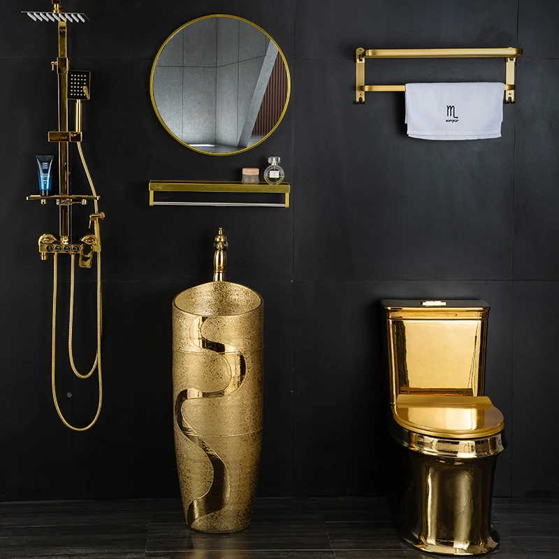 European Luxury Gold-Plated Pedestal Basin Small Apartment Pillar Washbasin Nightclub Club Golden One-Piece Ceramic Pedestal