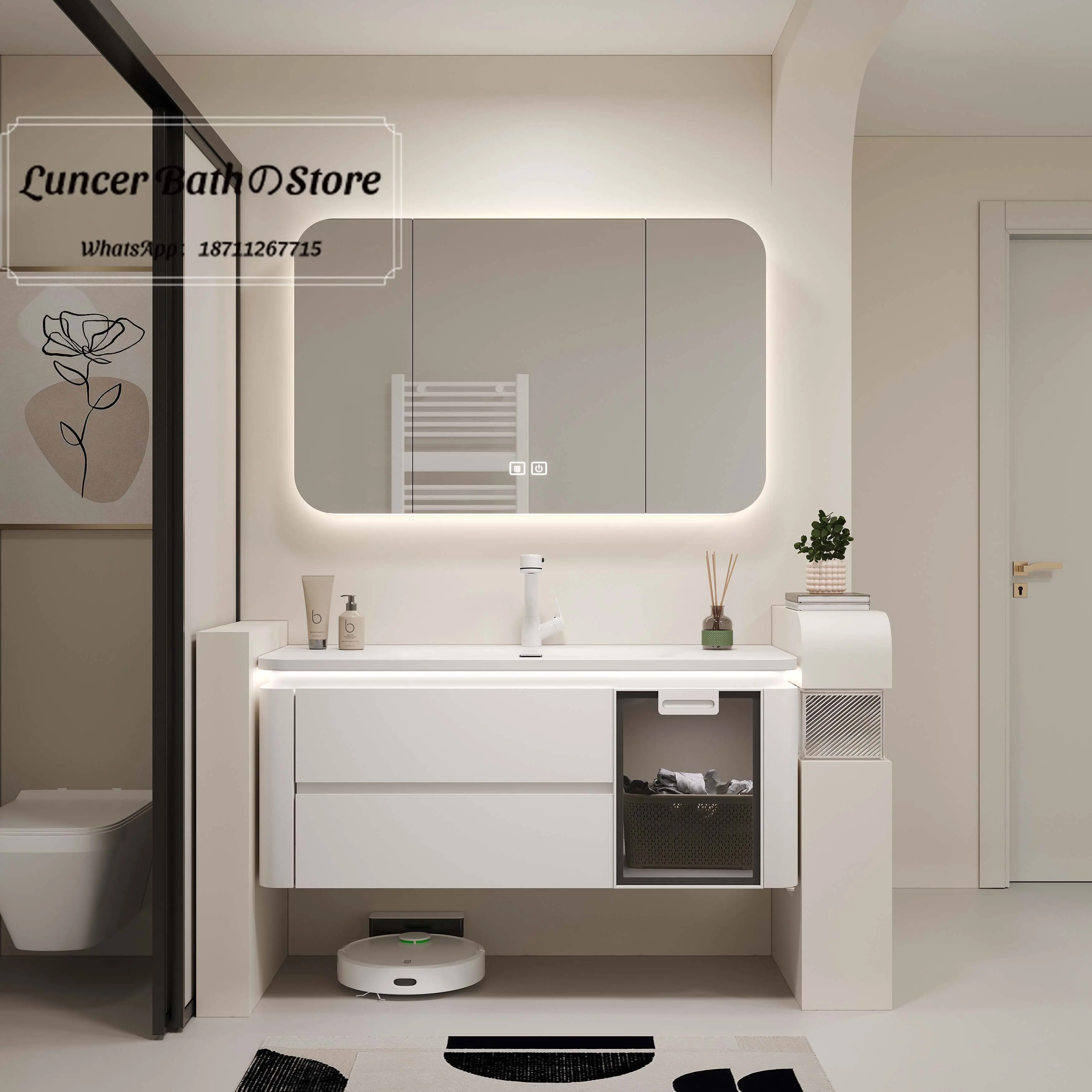 Cream Style Round Corner Ceramic Integrated Vanity Set Modern Soft Touch Bathroom Cabinet Combo Household Hand Washing Wash Sink