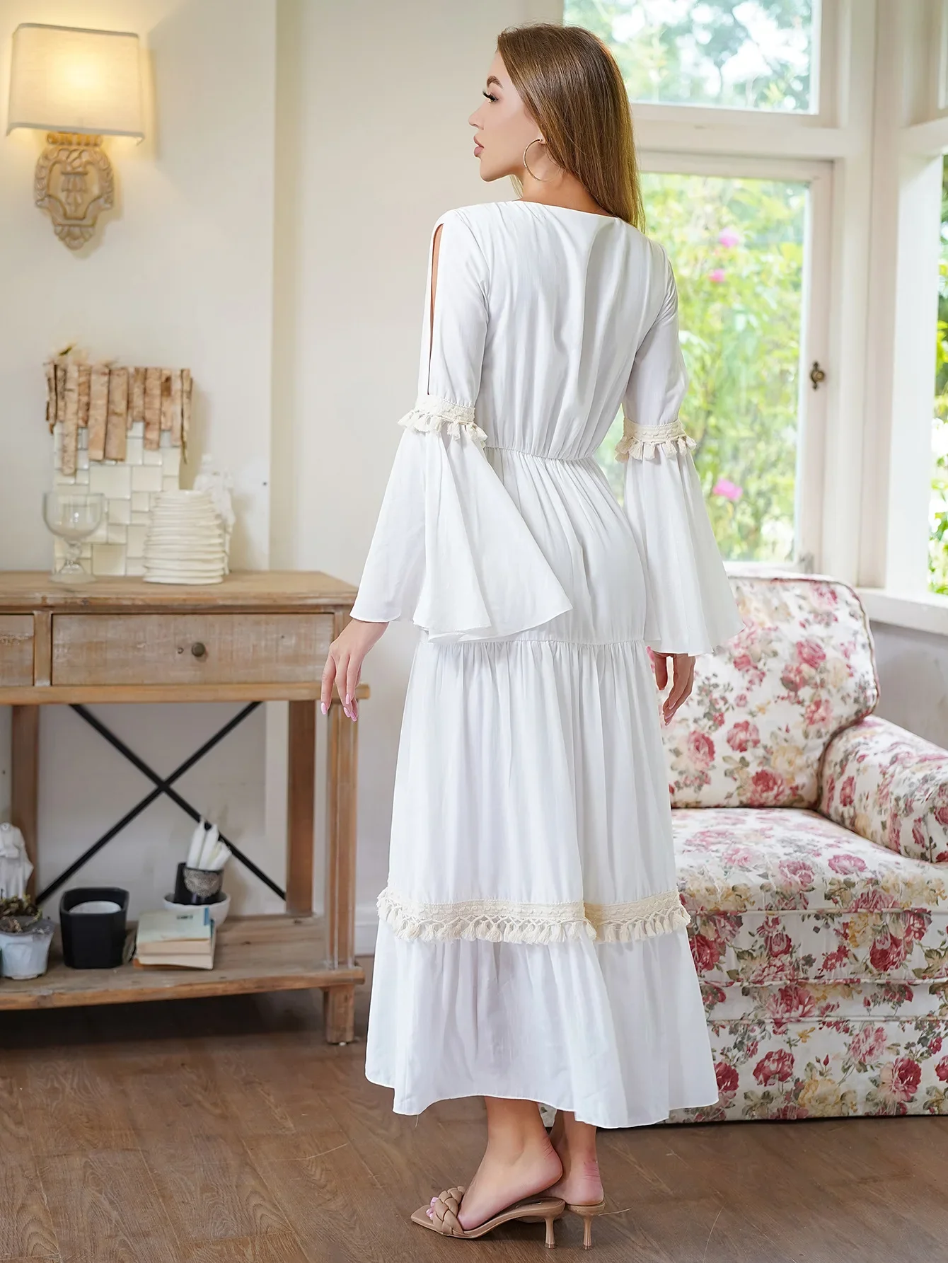 White Elegant Midi Brithday Dress for Women 2023 New Flare Long Sleeve Chic Tassel Patchwork Homecoming Graduation Party Dresses