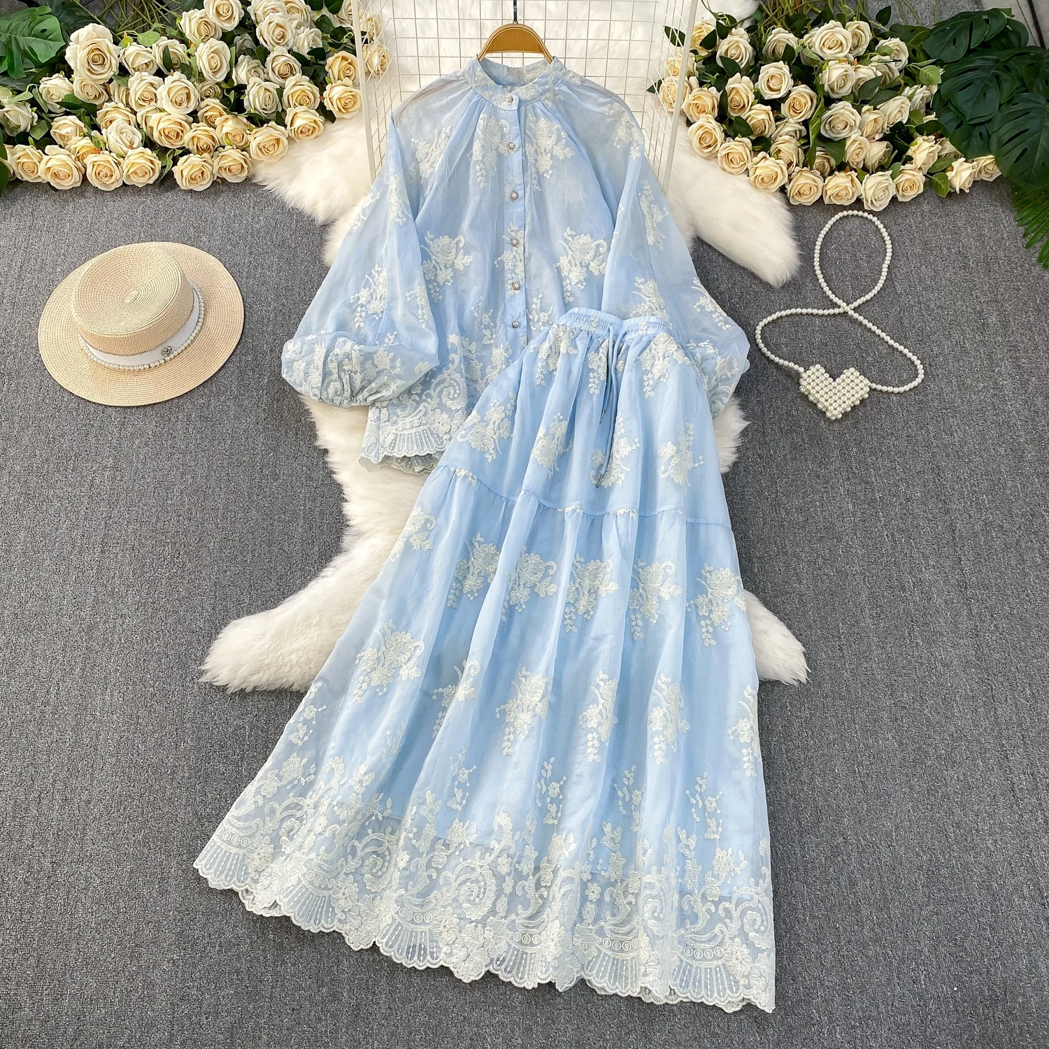 

Clothland Women Vintage Floral Embroidery Suit Lace Long Sleeve Loose Shirt Long Skirts Candy Color Retro Two Piece Set TA691