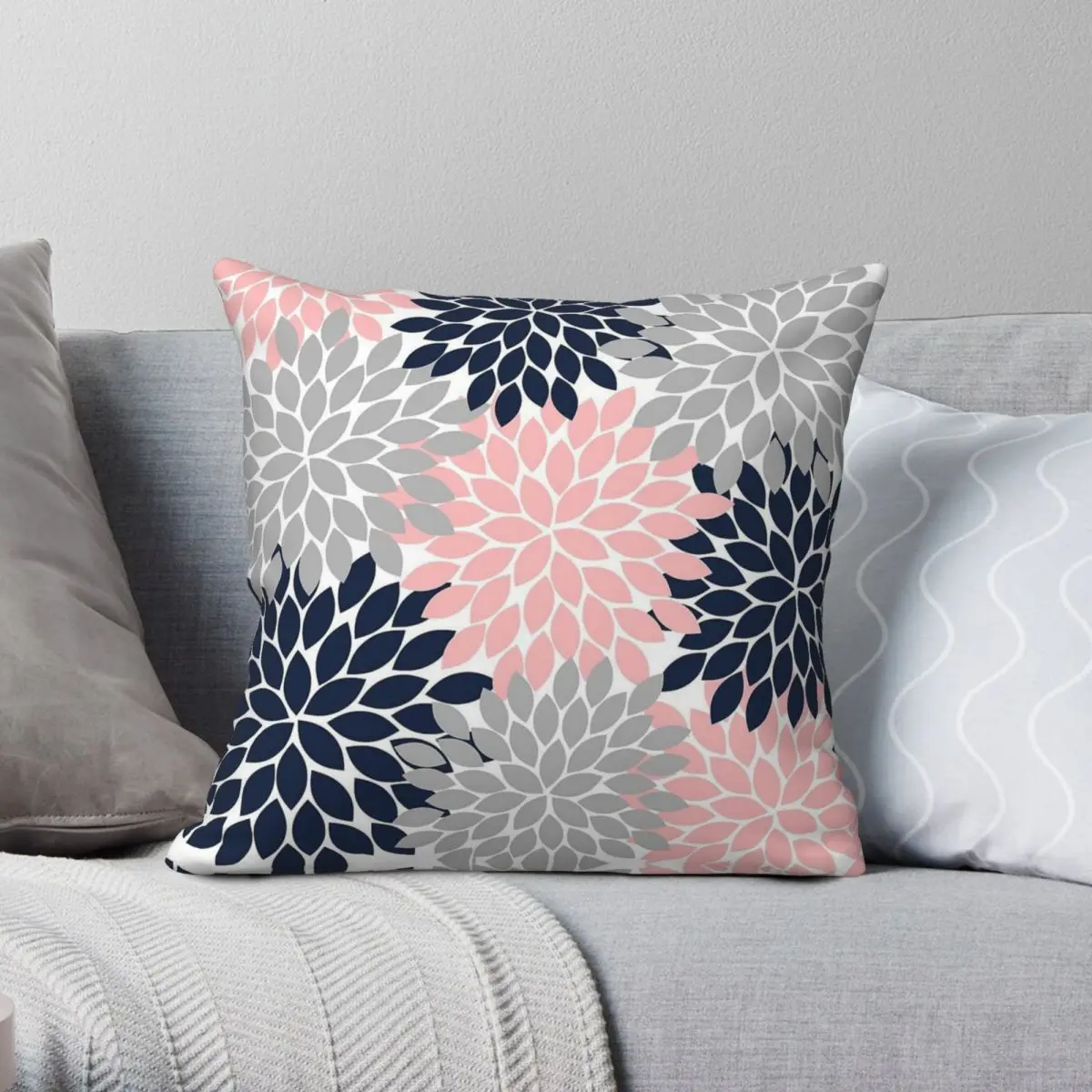 Navy Coral Gray Flowers Burst Floral Pillowcase Polyester Linen Velvet Printed Zip Decor Pillow Case Bed Cushion Case