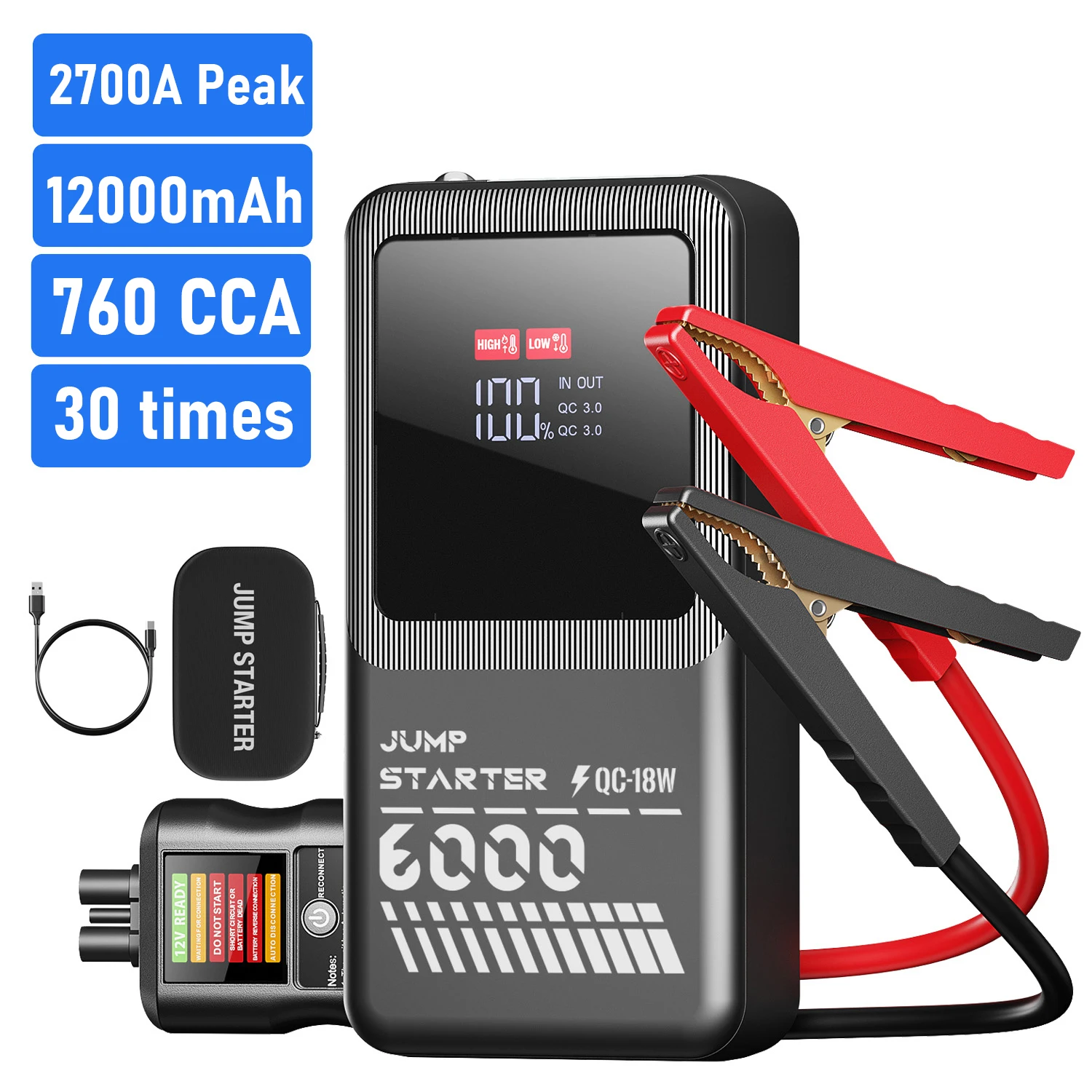 بطارية سيارة محمولة للغاية 2700A مكثف فائق كاتب الانتقال 12000 مللي أمبير 12 فولت 760CCA مع مشابك ذكية