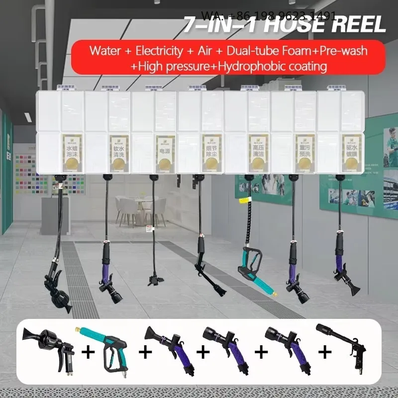 Commercial 7-in-1 Auto Detailing Hose Reel | Integrated Water, Air, , Foam,Pre-Wash, High Pressure & Hydrophobic Coating