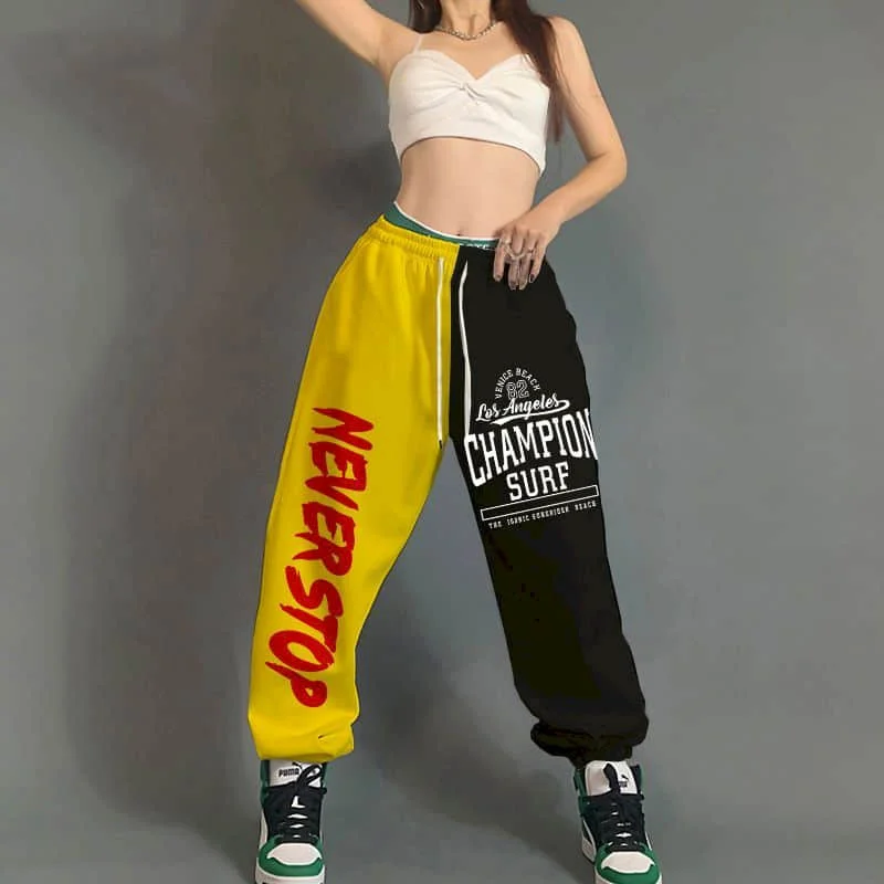 Patchwork Pants Women Clothes Casual Hip-hop Korean Style Lace-up Pants Vintage Trouser Loose Sporty Sweatpants Women Clothing