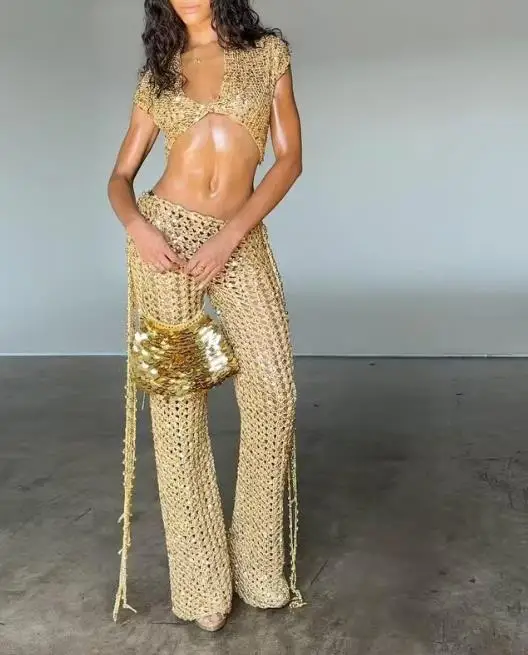 

Women's 2-Piece Summer New Style American Trendy Sexy Personality V-Neck Glitter Decorative T-Shirt Low Waist Hollow Pants Set