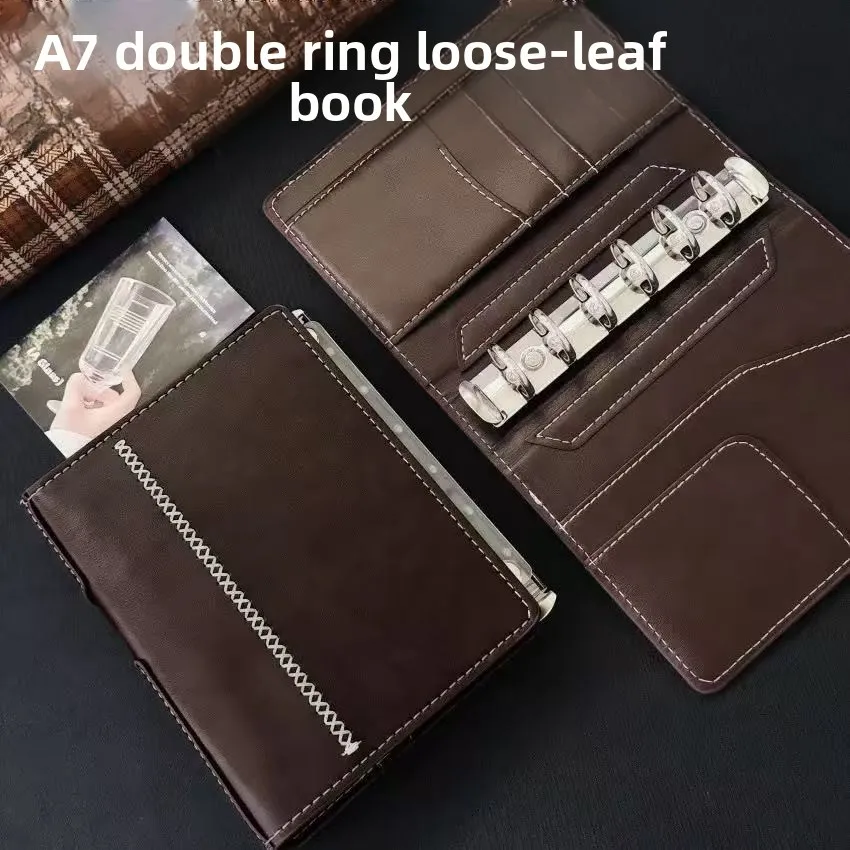 Dark Brown A7 Loose-leaf Hand Ledger Double-ring Leather Creative High-value Portable Diary Notepad